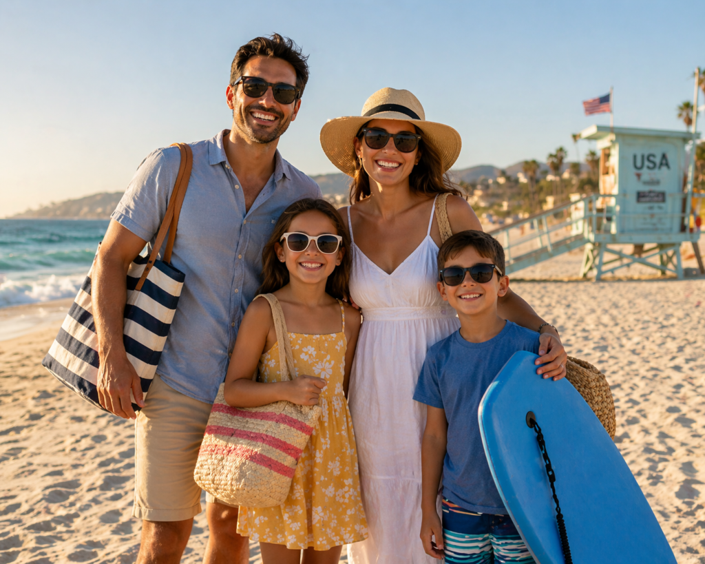 A happy family with kids enjoying a beach vacation in the USA