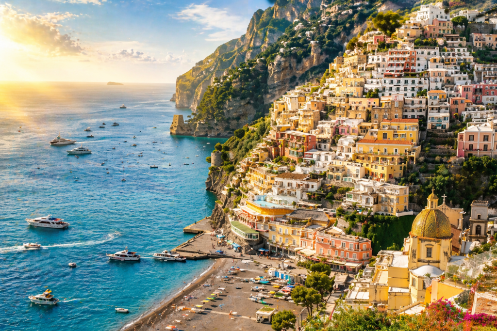Amalfi Coast Italy showing Positano village with colorful buildings and Mediterranean sea