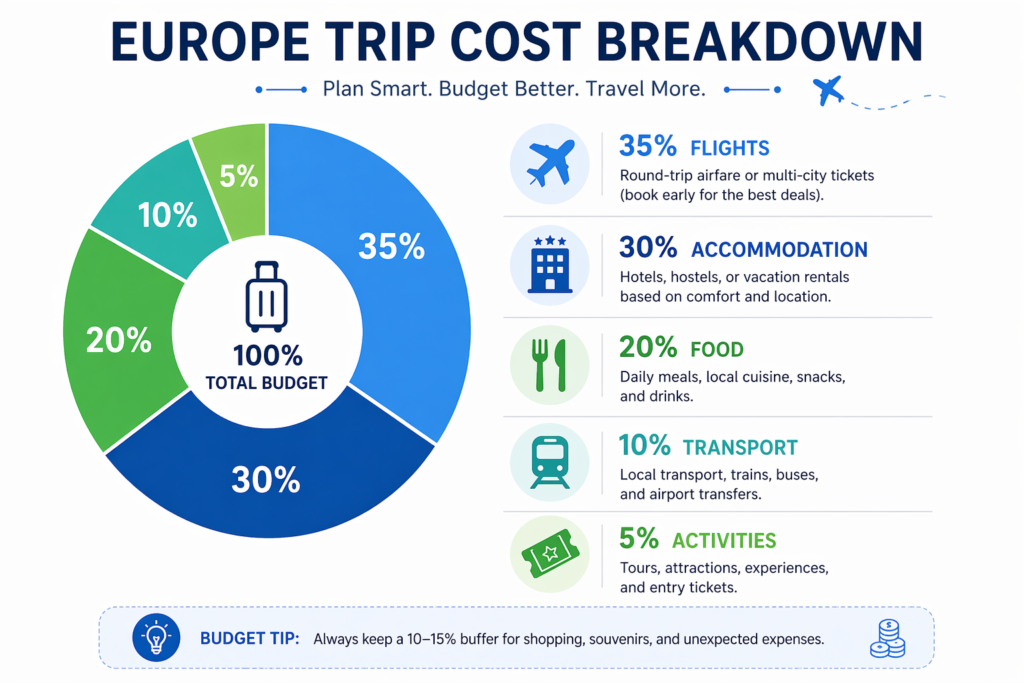 Bar chart showing average costs of a Europe trip broken down by category