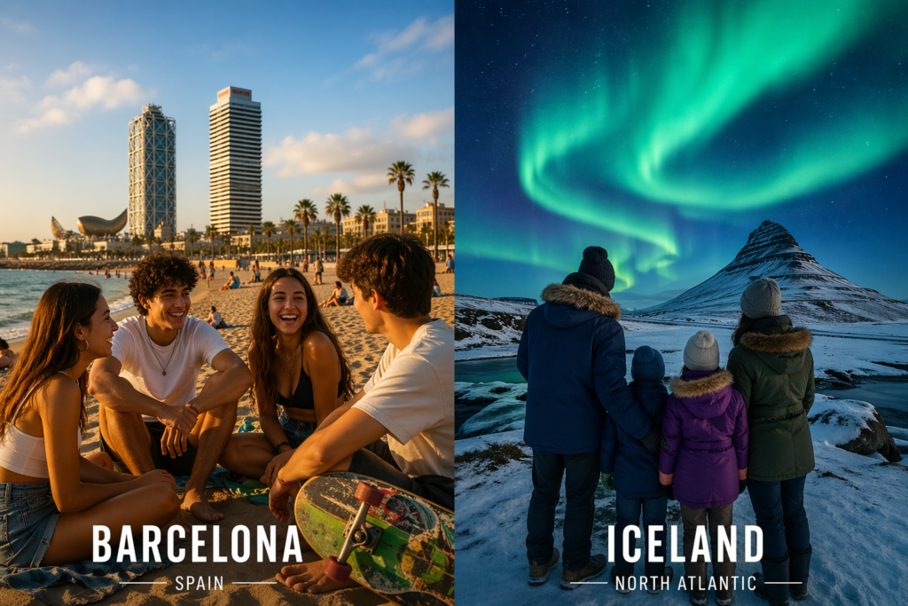 Best European vacations for families with teens showing Barcelona beach and Iceland Northern Lights