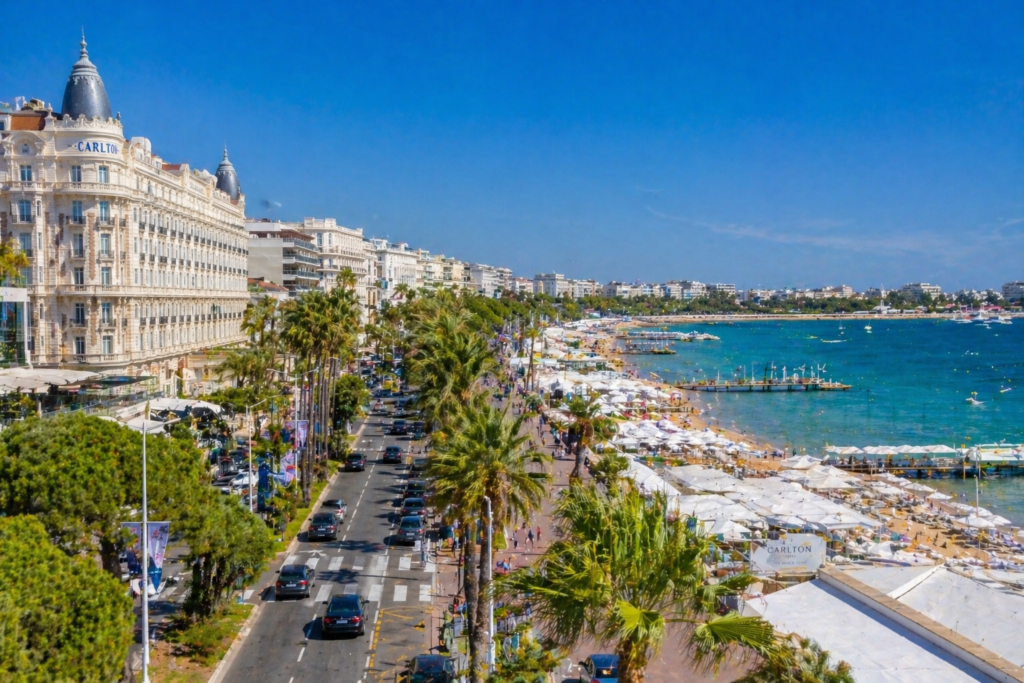 Best attractions in France — Cannes La Croisette promenade with palm trees, luxury hotels and Mediterranean beach