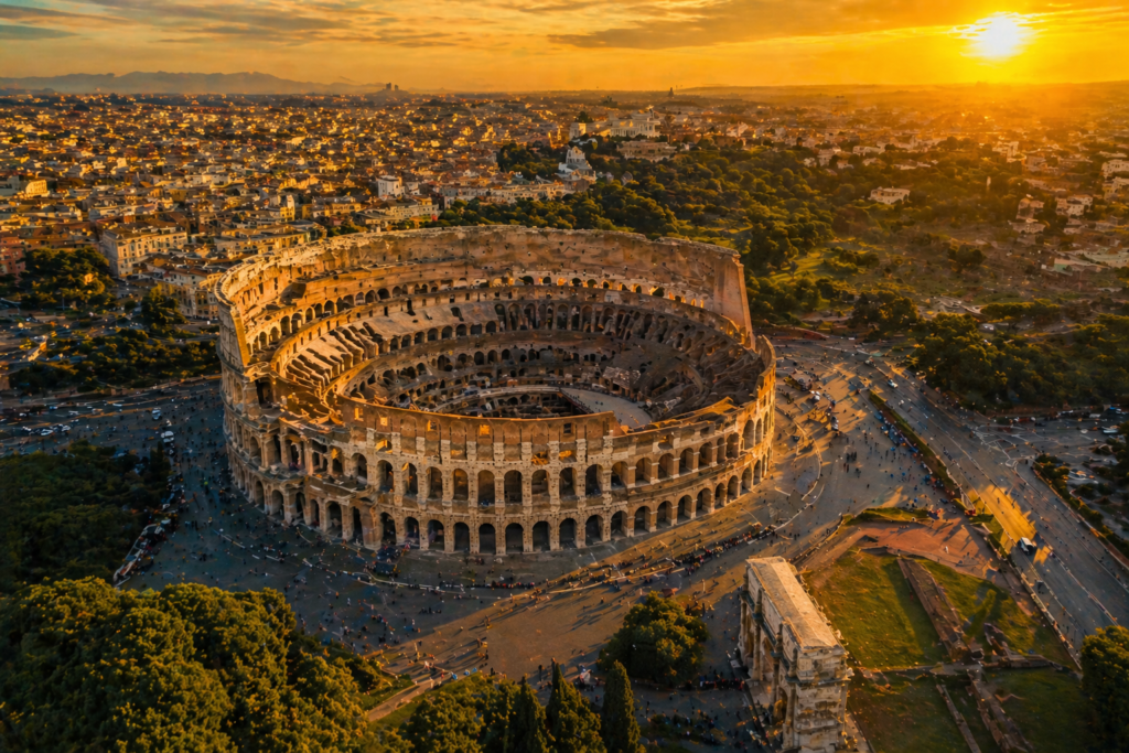 Best place to visit in Italy for the first time — aerial view of Rome Colosseum at golden hour
