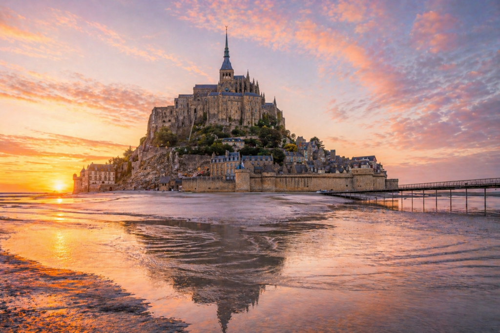 Best places to see in France — Mont Saint-Michel medieval abbey rising from the tidal flats at sunrise