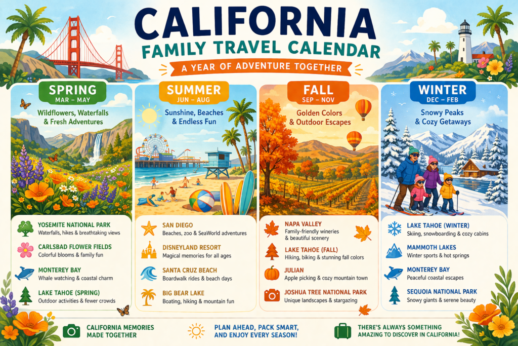 Calendar showing best seasons to visit California family destinations
