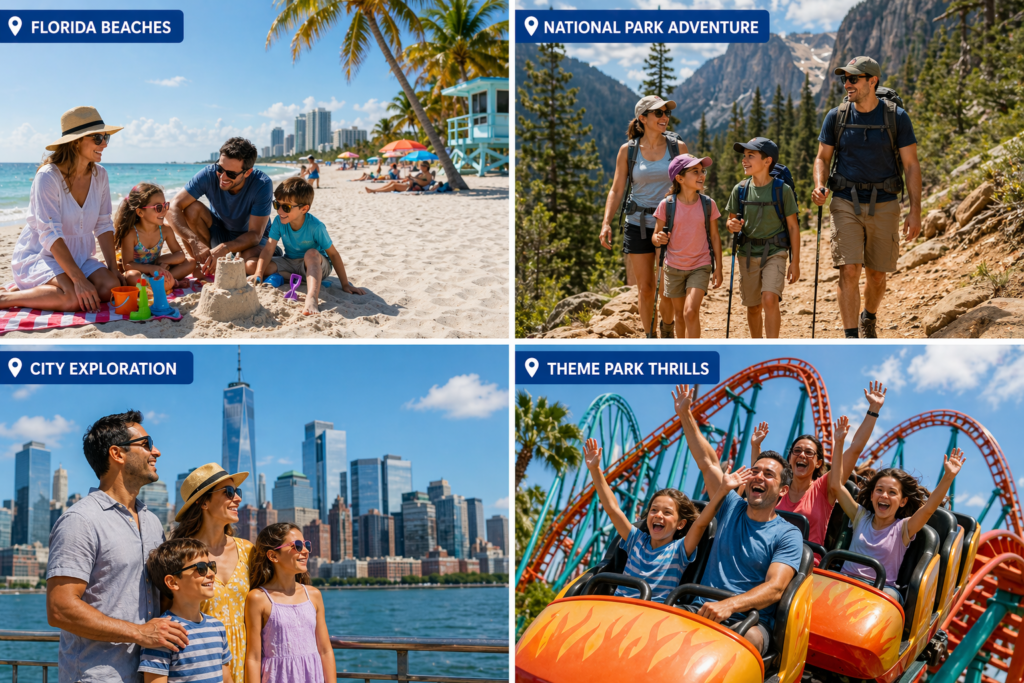 Collage showing different types of US family vacations beach, national park, city skyline, and theme park