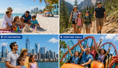Collage showing different types of US family vacations beach, national park, city skyline, and theme park