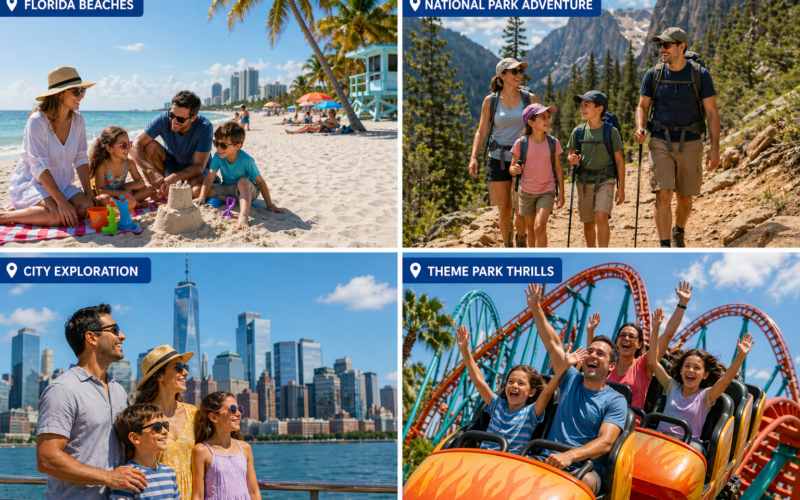 Collage showing different types of US family vacations beach, national park, city skyline, and theme park