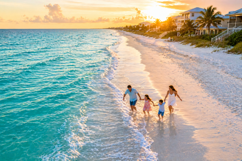 Family enjoying a Florida beach vacation at sunset with kids playing in the water