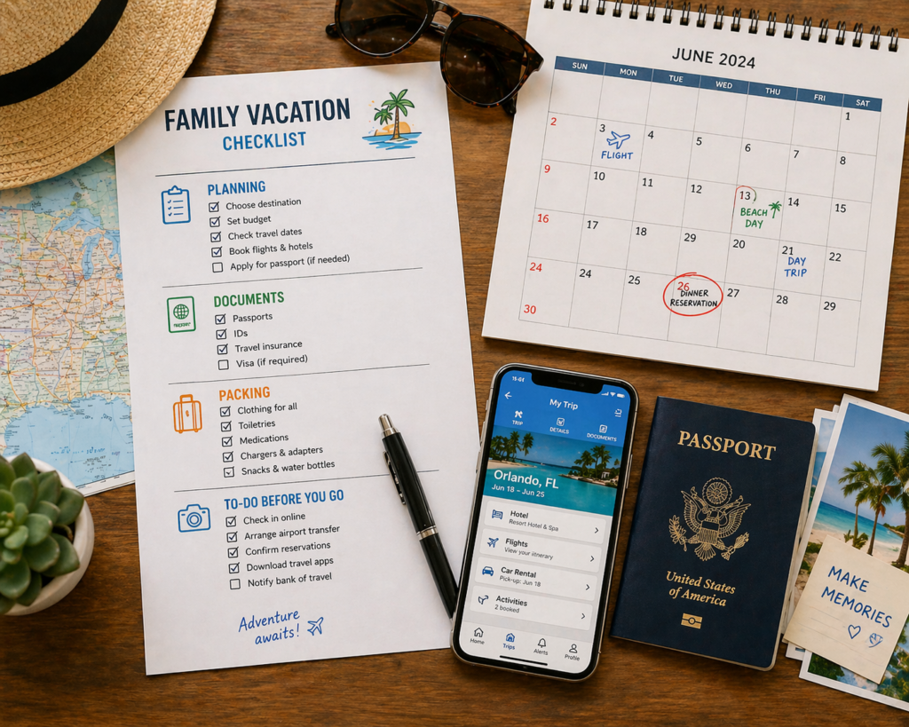 Family sitting at a table planning vacation with checklist, calendar, and passports