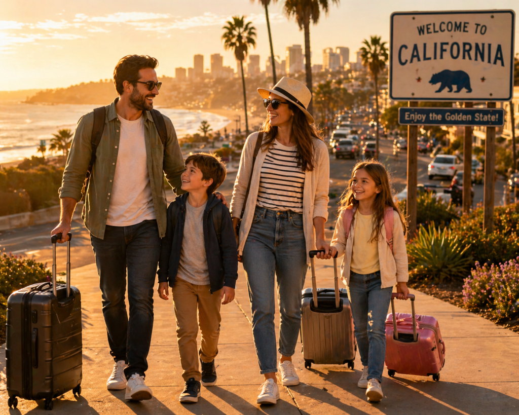 Family with kids arriving at best family vacation destination in California
