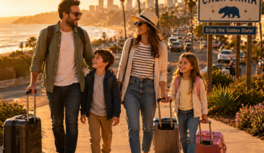 Family with kids arriving at best family vacation destination in California