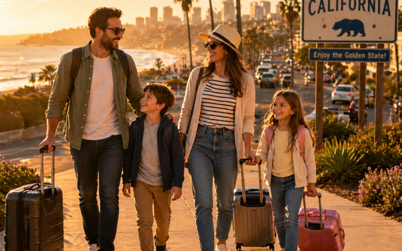 Family with kids arriving at best family vacation destination in California