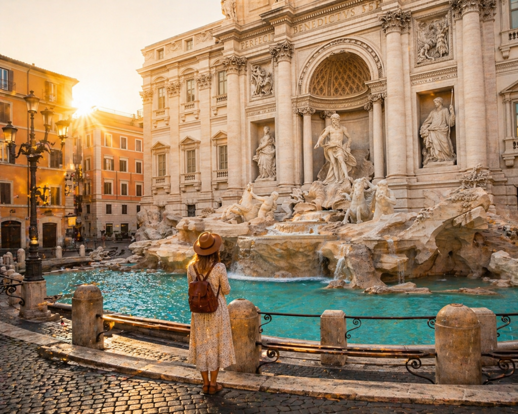 First-time traveler at Trevi Fountain Rome at sunrise — best place to visit in Italy for first timers