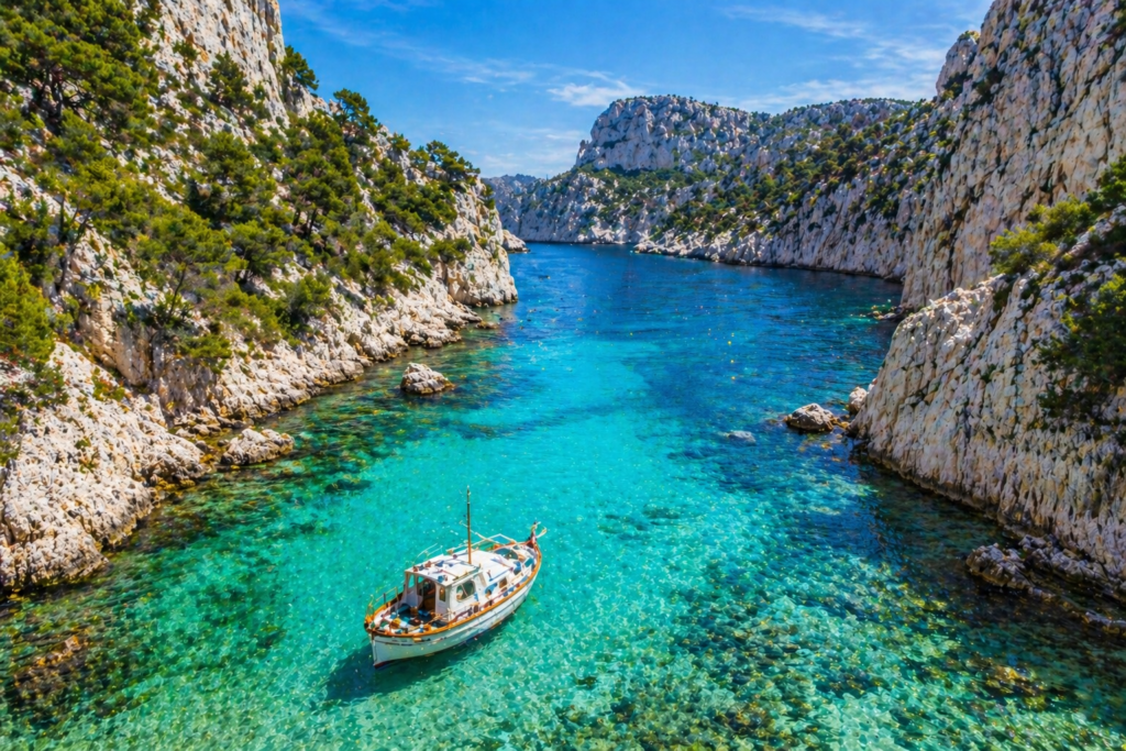 France places to visit — Marseille Calanques National Park with turquoise Mediterranean inlet and white limestone cliffs