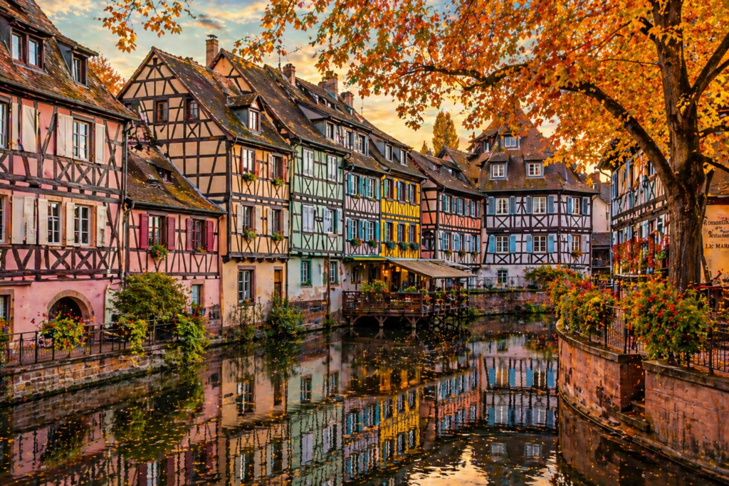 France tourist places — Strasbourg Petite France district with colorful half-timbered houses reflected in canal