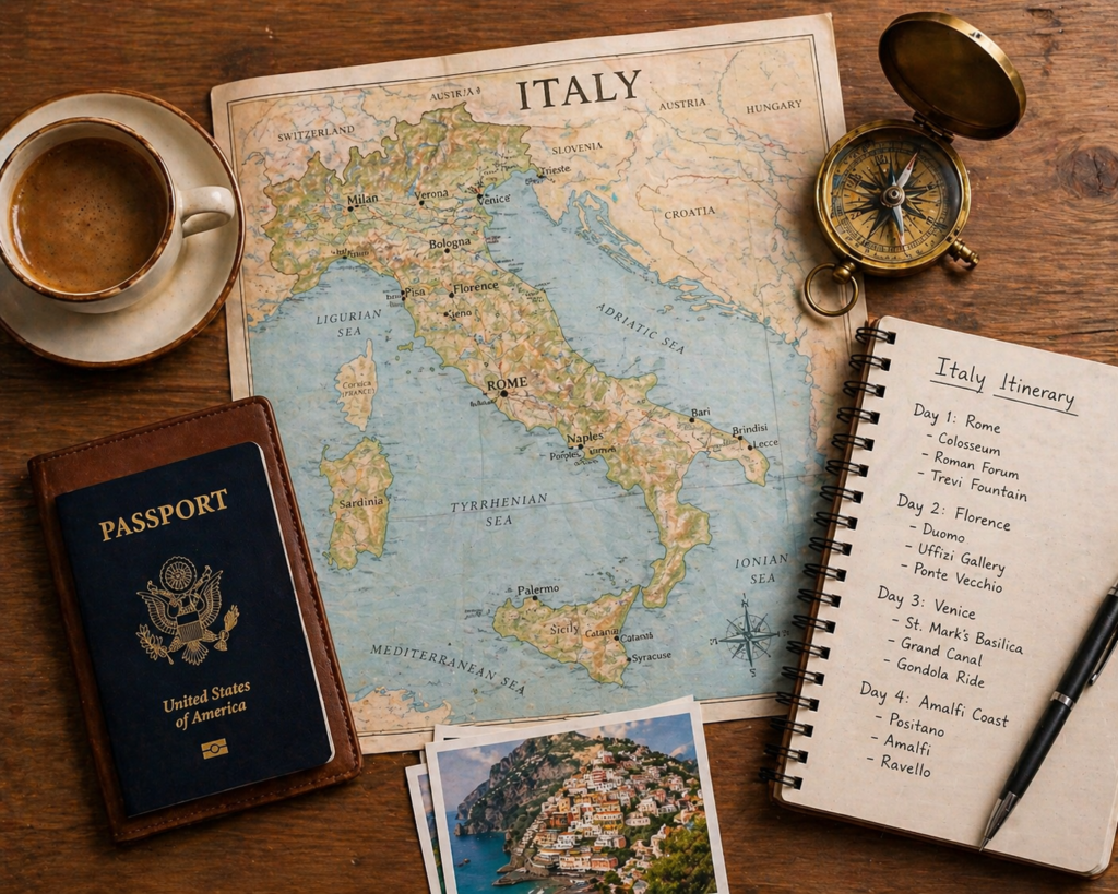 How to plan your first trip to Italy — traveler with map, passport, and notes on a wooden desk