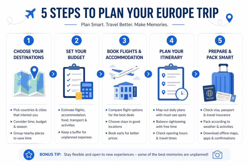 Infographic showing 5 steps to plan a Europe trip