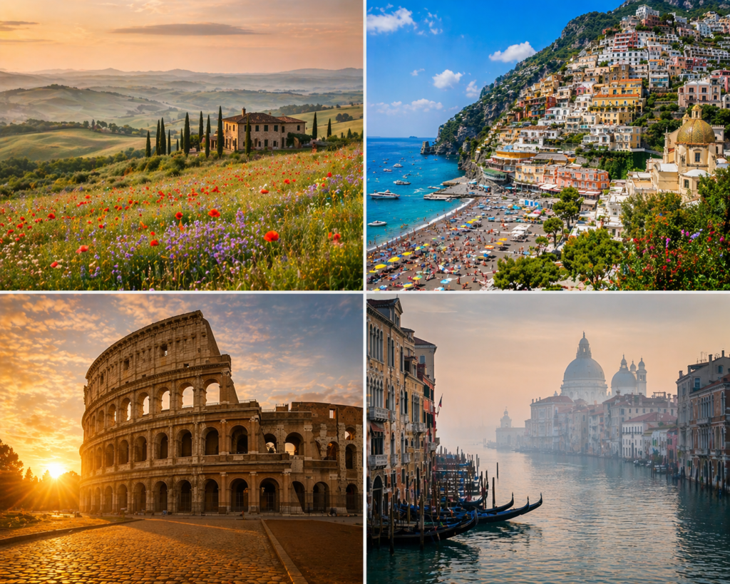 Italy in different seasons — spring Tuscany, summer Amalfi Coast, autumn Rome, winter Venice