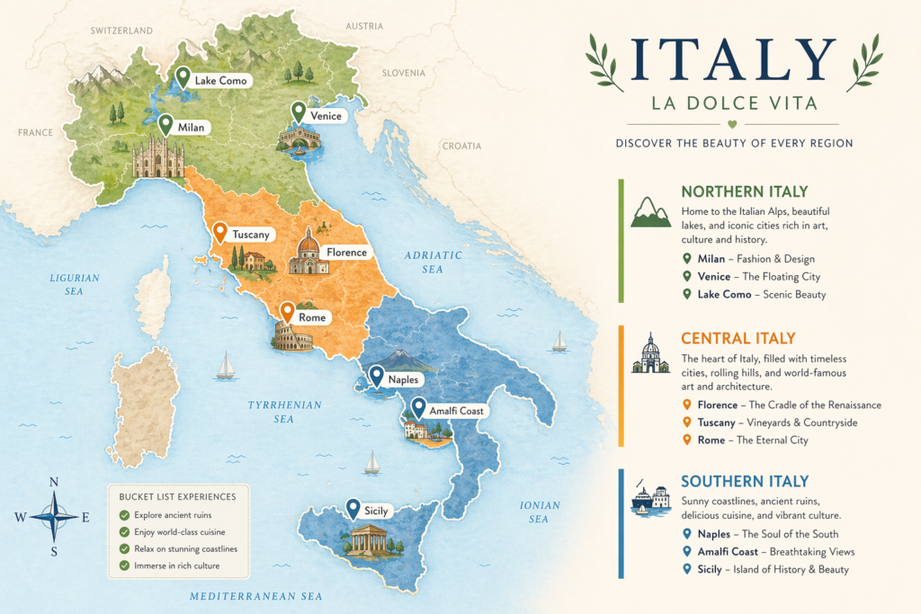 Italy map showing regions including Tuscany, Lombardy, Sicily, and the Amalfi Coast