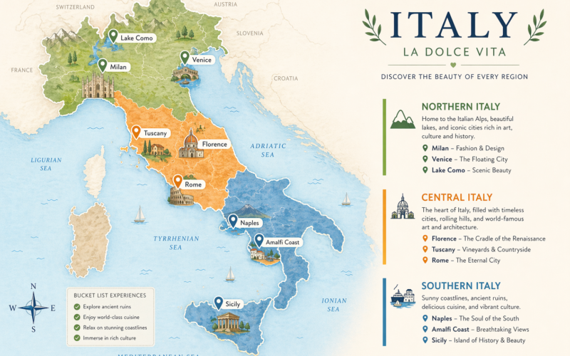 Italy map showing regions including Tuscany, Lombardy, Sicily, and the Amalfi Coast