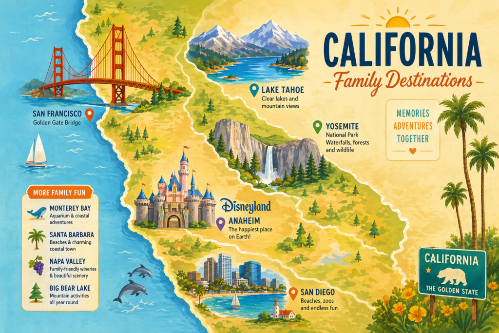 Map collage of best family vacation spots in California including San Diego, Los Angeles, Yosemite and Lake Tahoe