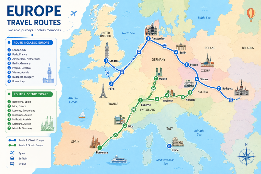 Map of Europe showing example travel routes with city markers for 10-day and 2-week itineraries