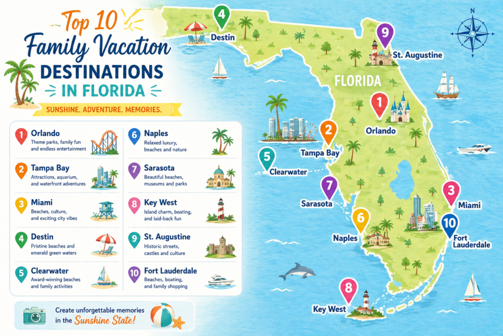 Map of Florida highlighting the top 10 best family vacation destinations including Orlando, Tampa, Miami, Destin, and Clearwater