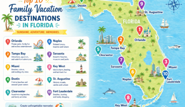 Map of Florida highlighting the top 10 best family vacation destinations including Orlando, Tampa, Miami, Destin, and Clearwater