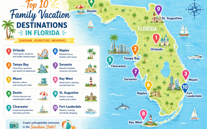 Map of Florida highlighting the top 10 best family vacation destinations including Orlando, Tampa, Miami, Destin, and Clearwater
