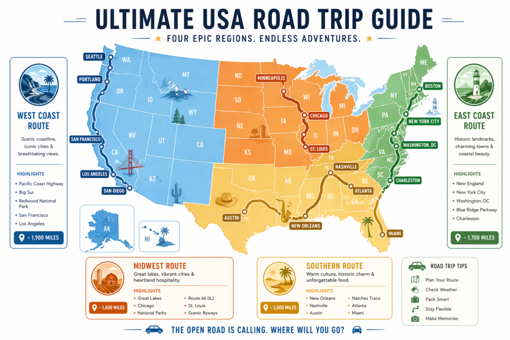 Map of best USA road trips by region including west coast, east coast, and southern routes
