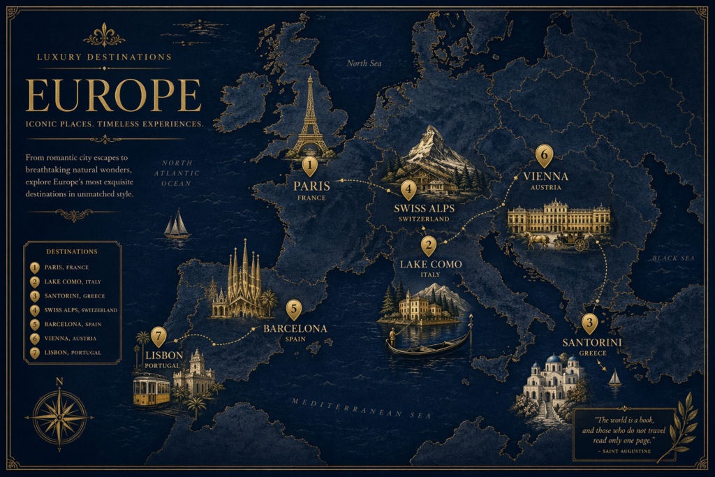 Map of the best luxury travel Europe destinations 2026