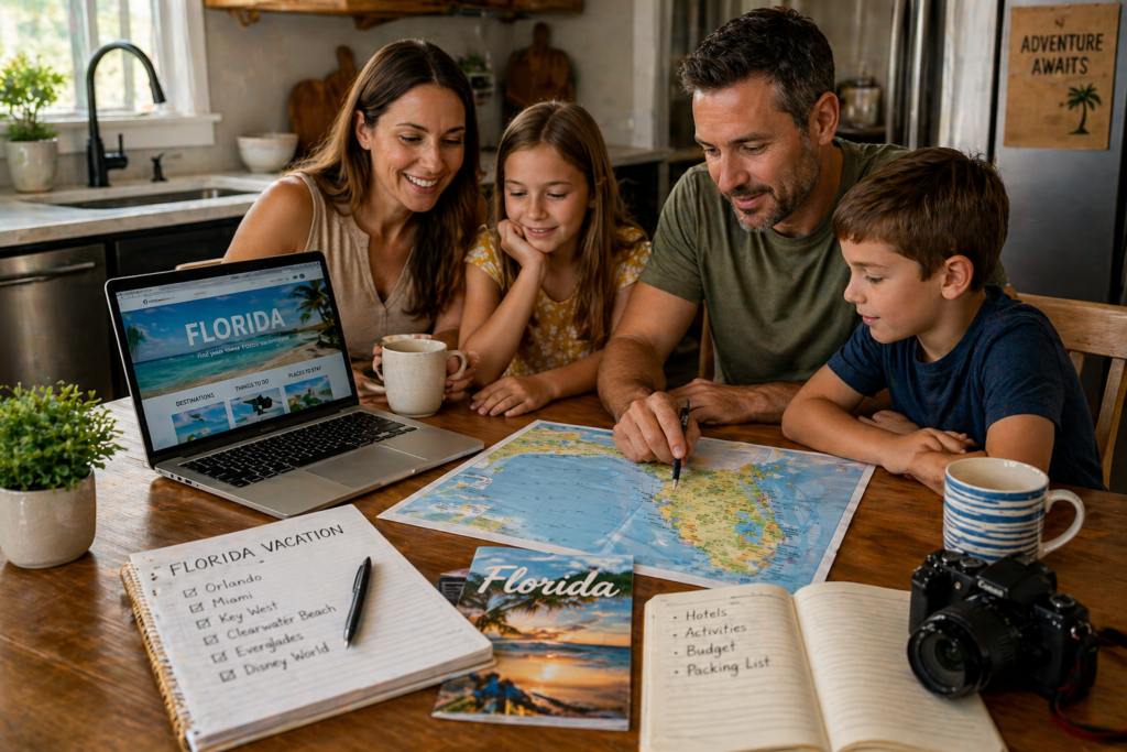 Parents planning a Florida family vacation at a table with a laptop, maps, and travel guides