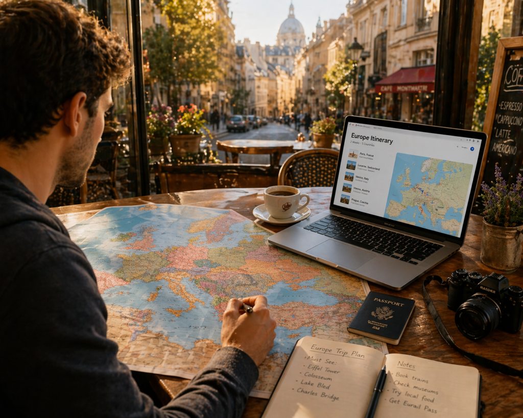 Person planning a Europe trip with a map and laptop on a wooden table