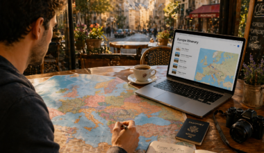 Person planning a Europe trip with a map and laptop on a wooden table