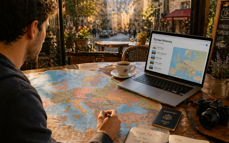 Person planning a Europe trip with a map and laptop on a wooden table