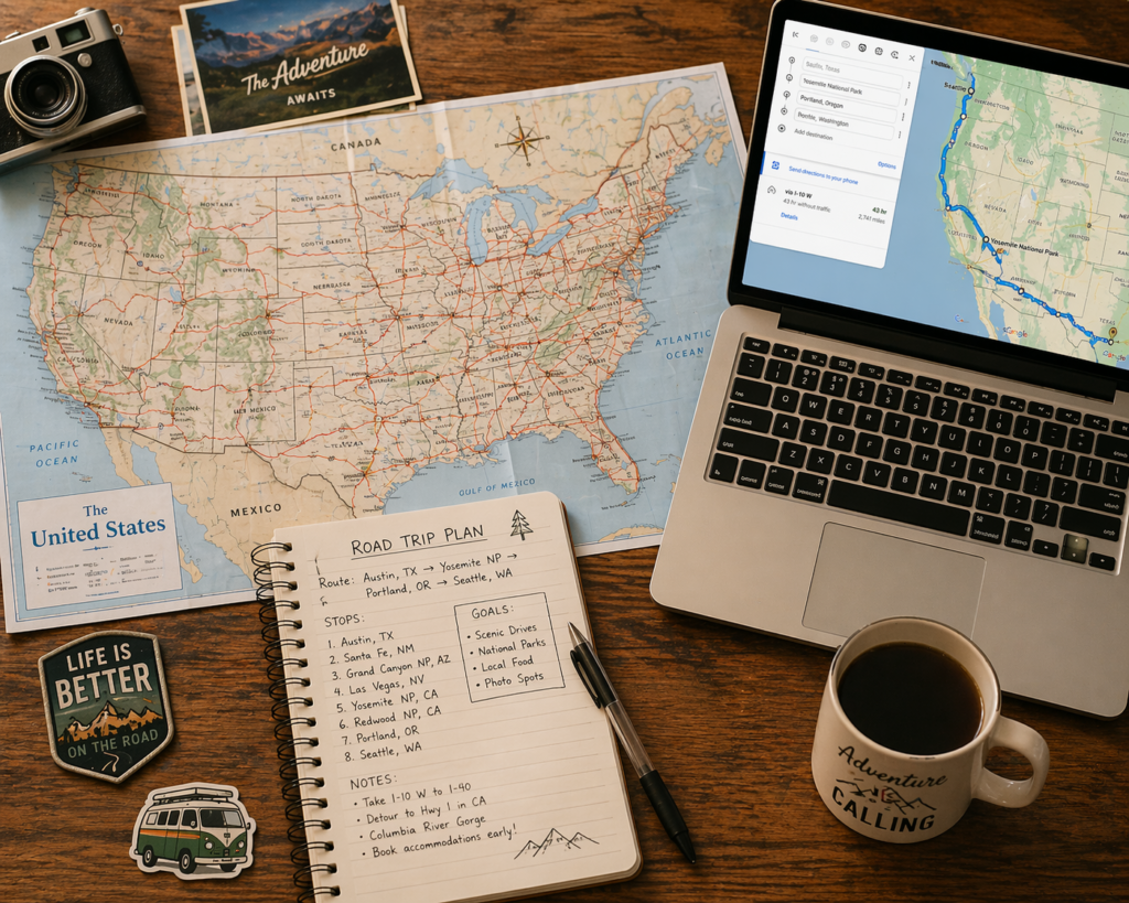 Person planning best road trips USA with maps, notebook, and laptop on wooden table