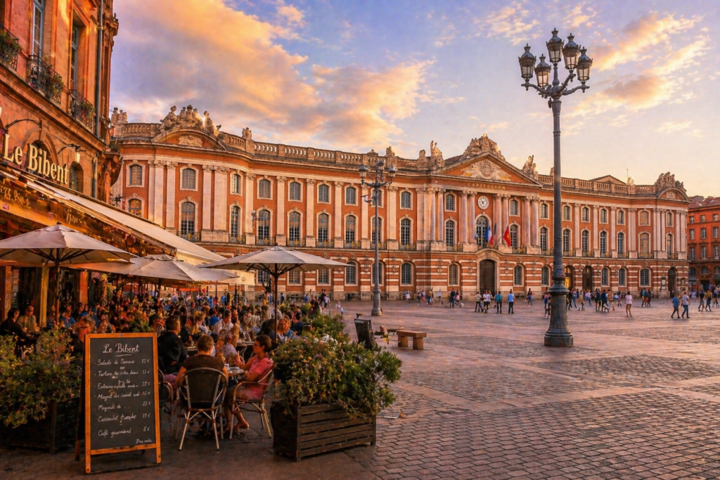 Places to see in France — Toulouse Capitole Square with its famous pink terracotta buildings and evening light