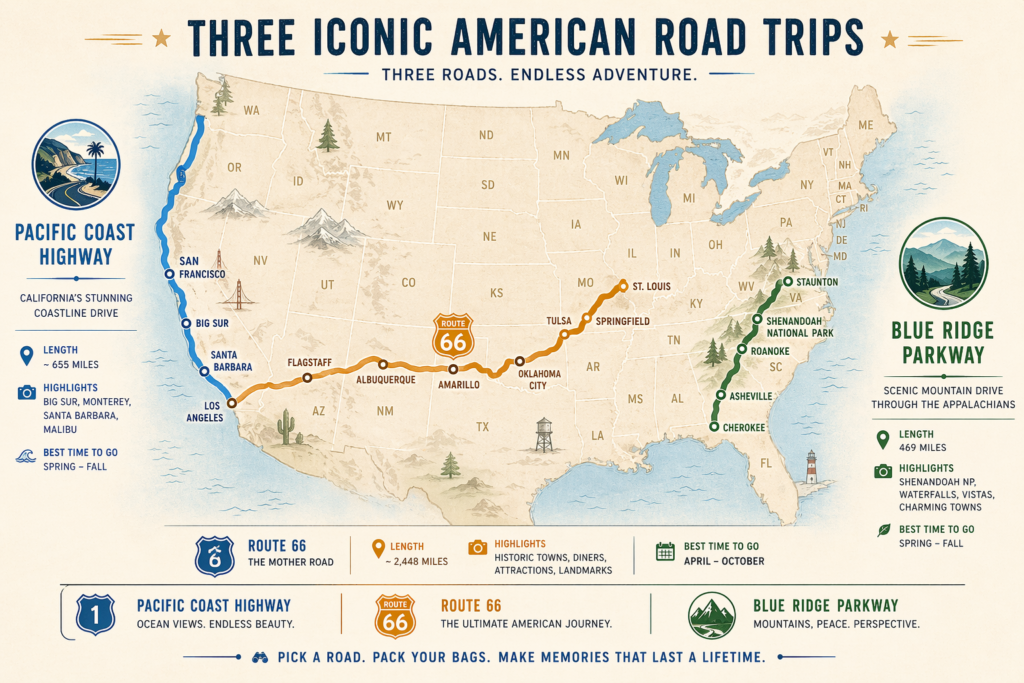 Road trips usa map showing Route 66, Blue Ridge Parkway, and Pacific Coast Highway routes