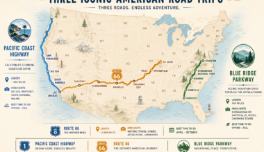 Road trips usa map showing Route 66, Blue Ridge Parkway, and Pacific Coast Highway routes