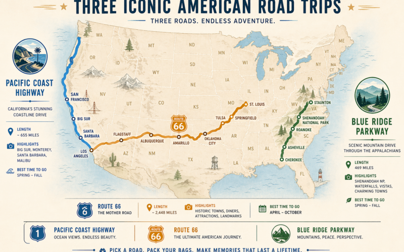 Road trips usa map showing Route 66, Blue Ridge Parkway, and Pacific Coast Highway routes