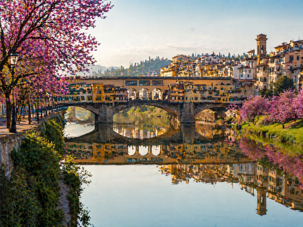 Spring in Florence Italy — best time to visit Italy for first-time travelers with Ponte Vecchio and flowers