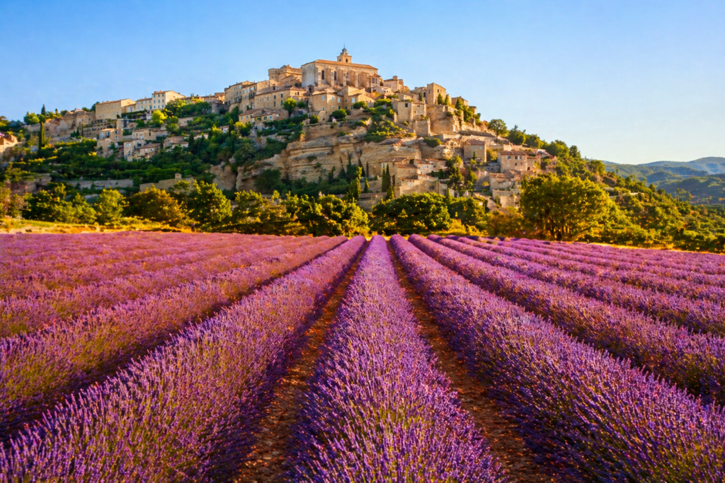 Top 10 beautiful places in France — Provence lavender fields with medieval village of Gordes on hilltop in background