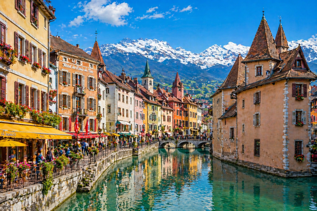 Top 10 places to visit in France outside of Paris — Annecy old town canal with Alps reflected in clear blue water
