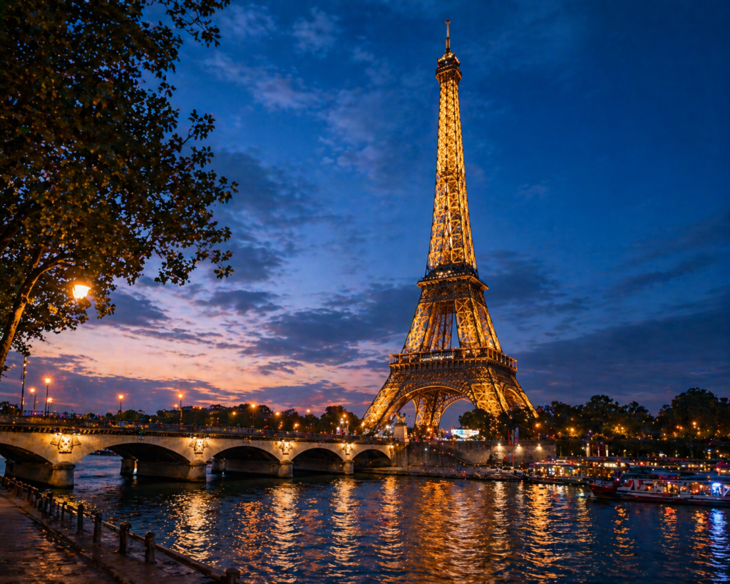 Top attractions in Paris — Eiffel Tower reflected in the River Seine