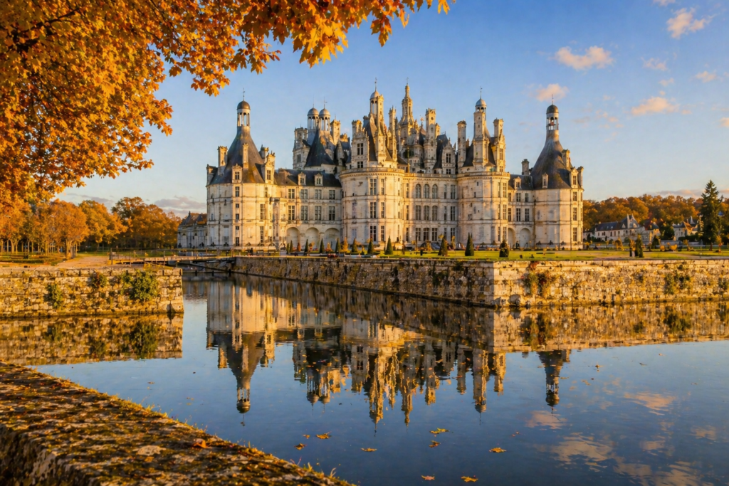Top places to visit in France — Chateau de Chambord in the Loire Valley reflected in its moat, French Renaissance architecture