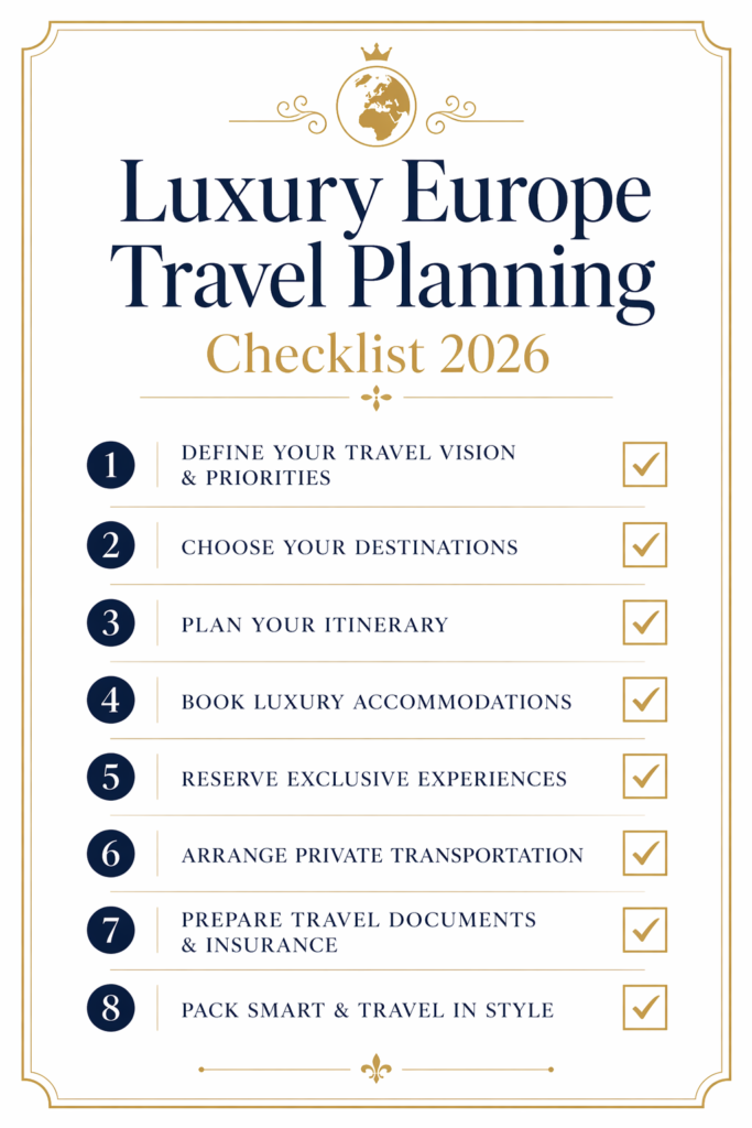 luxury travel europe planning checklist infographic 2026