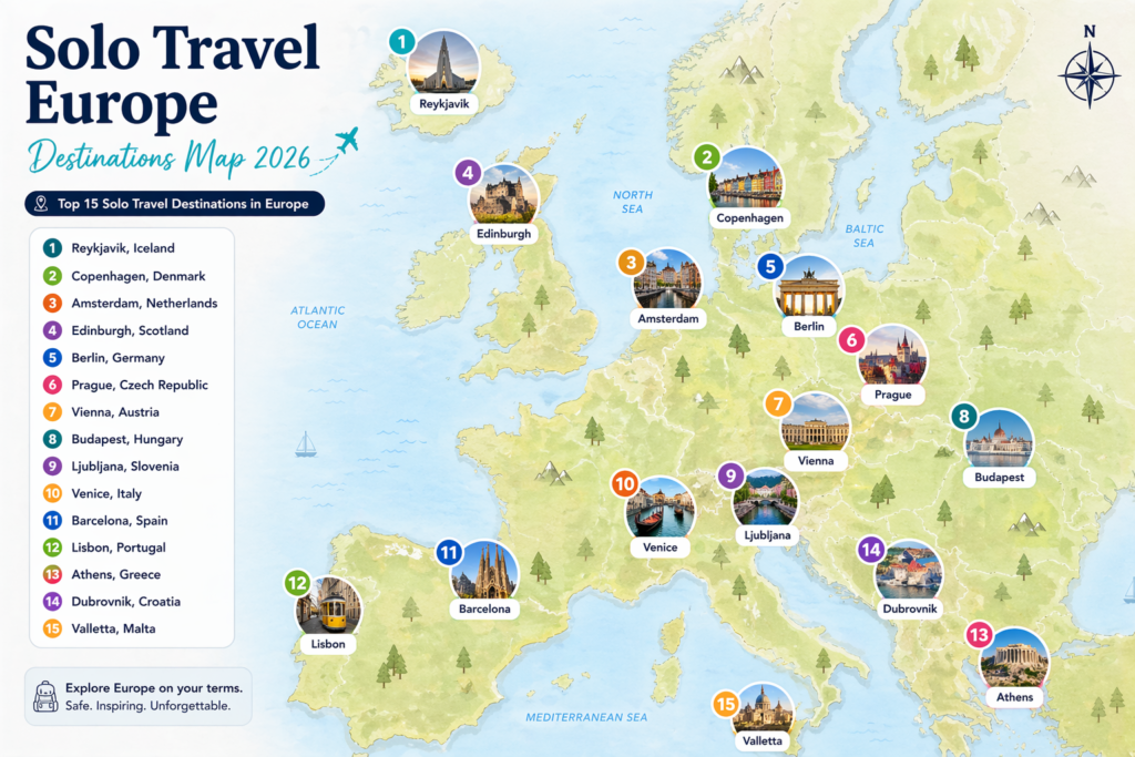 map showing best solo travel destinations in europe 2026