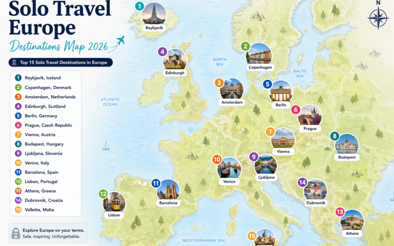 map showing best solo travel destinations in europe 2026