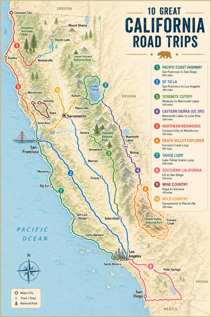 road trip map california 10 scenic routes 2026 overview