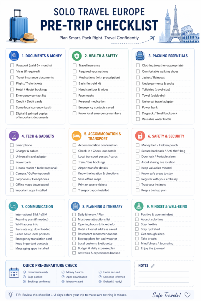 solo travel europe packing checklist essentials 2026